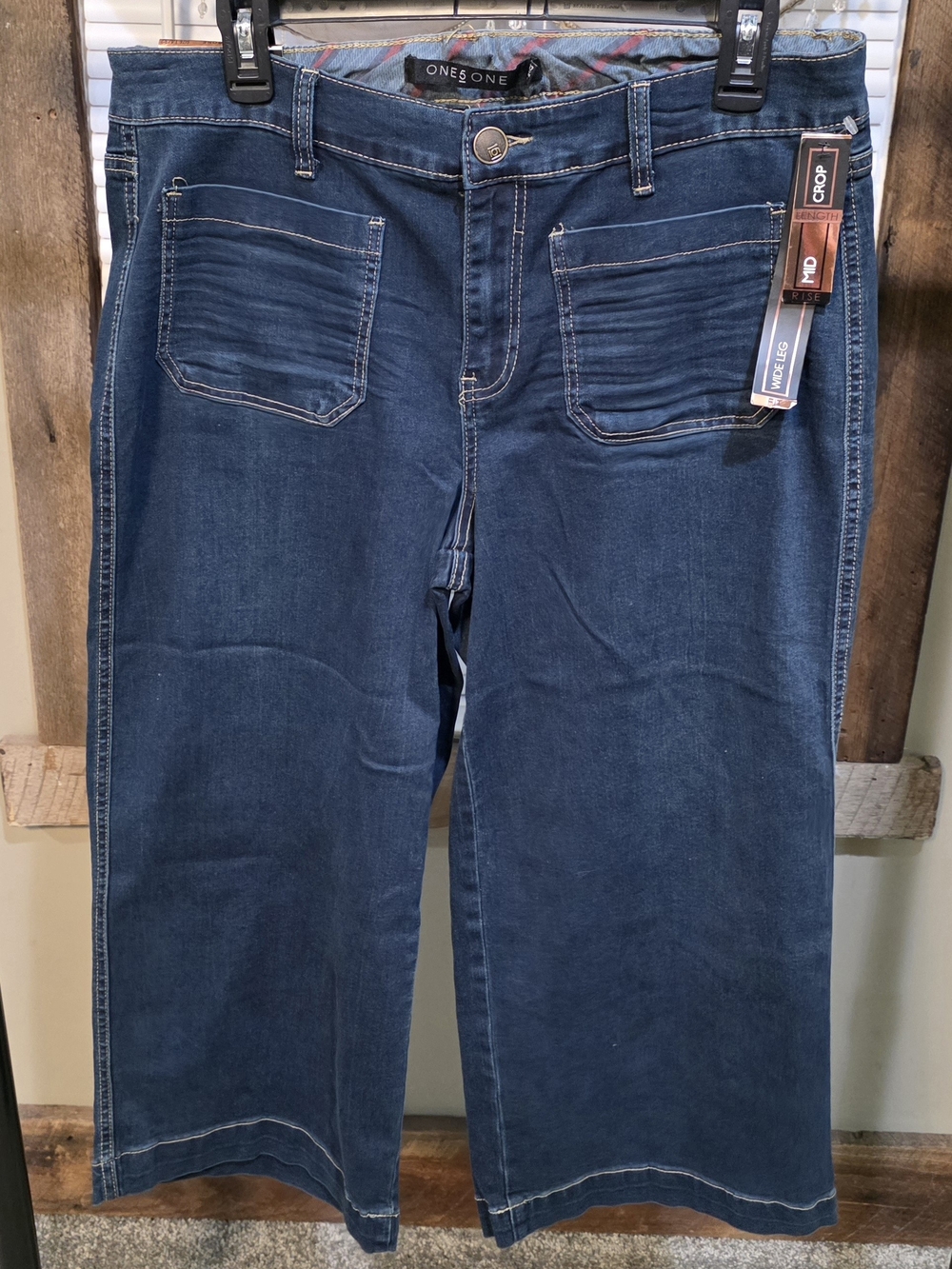 one 5 one Women's Dark Blue Cropped Wide-Leg Jeans